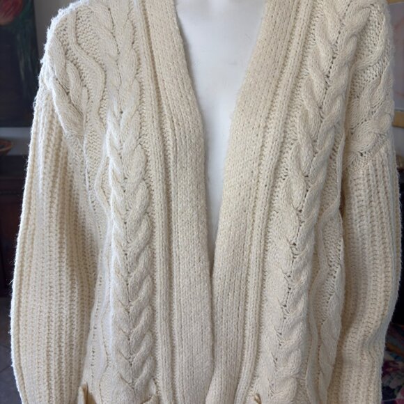 Lucky Brand Cable Knit Cream Open Front Cardigan 2 Pocket Oversized - Picture 4 of 6